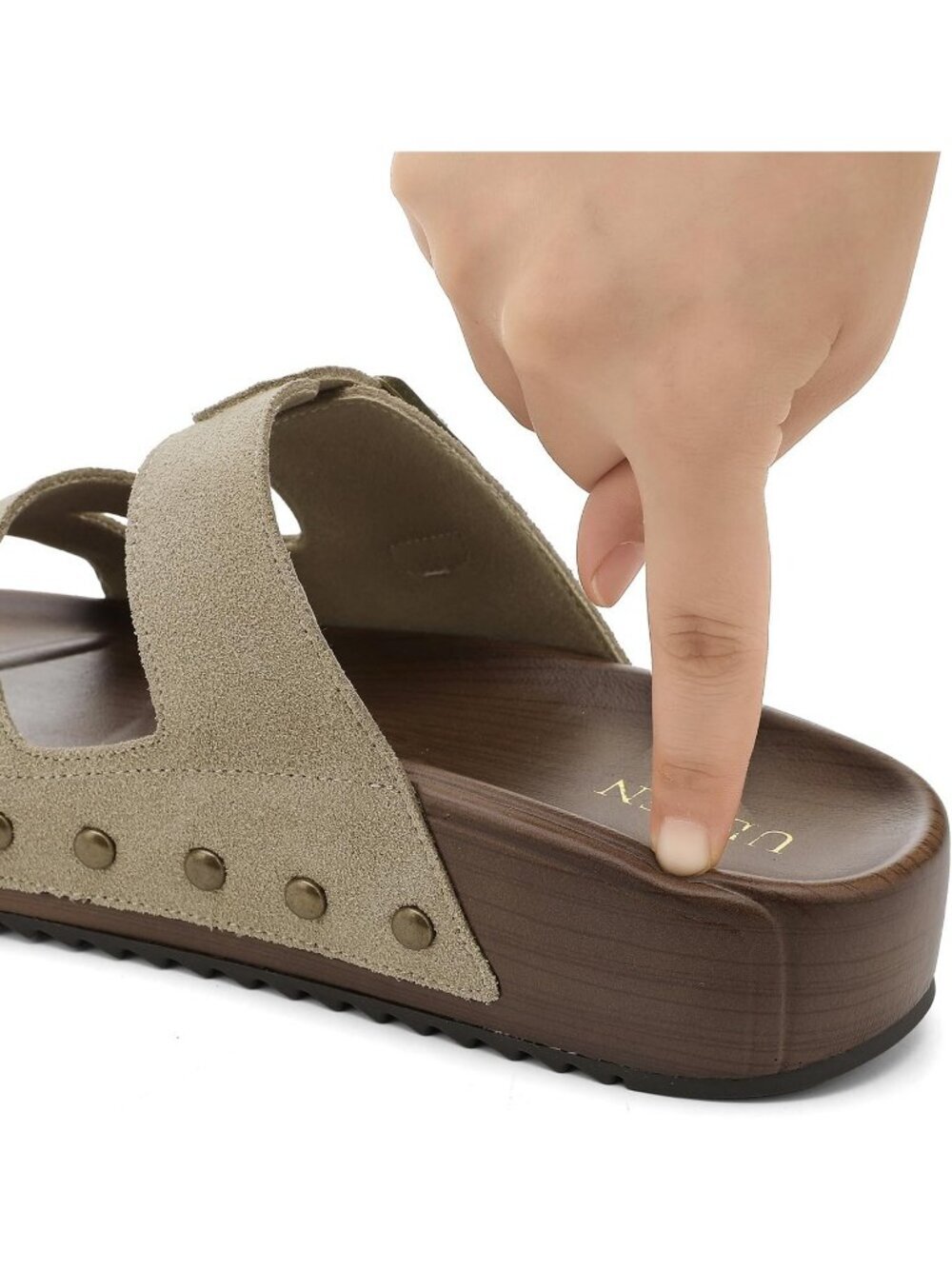 Women's Slides Platform C Beige Genuine Leather Arch Support Buckle Sandals - Picture 2 of 6